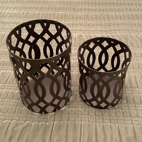 Set of 2 Round Bronze Color Metal Cut Out Lanterns Hurricane Candle Holders - Picture 9 of 10